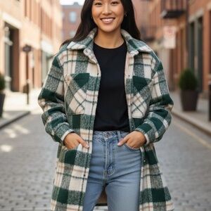 ABERCROMBIE Womens M Winterized Wool-Blend Jacket Long Shirt Jacket Green Plaid
